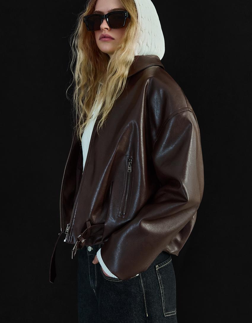 Faux leather bomber jacket with belt-Brown