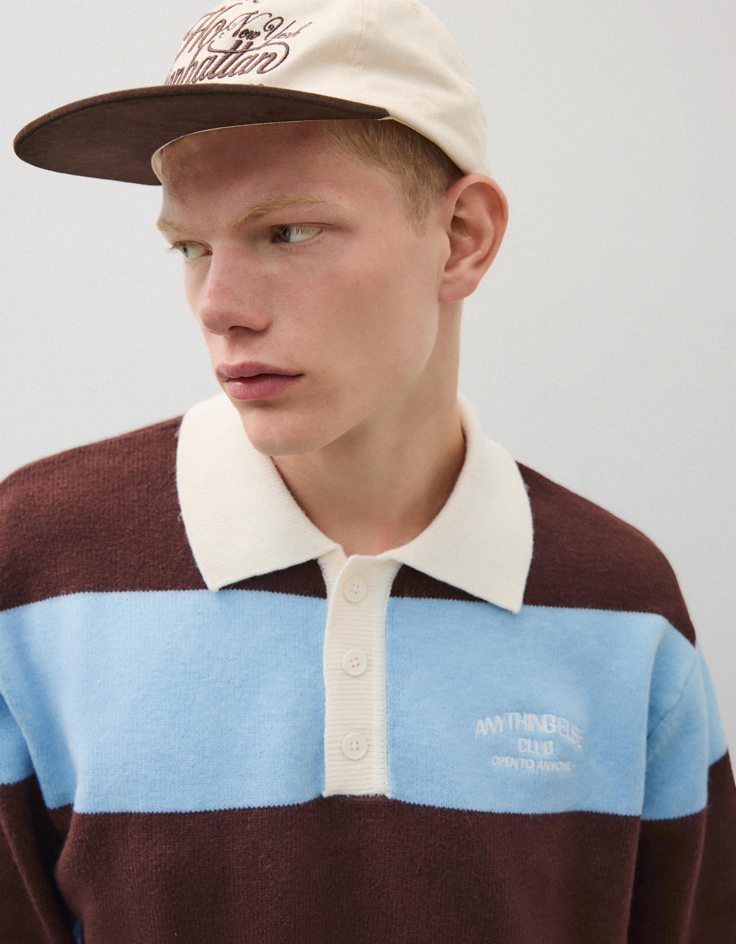 Contrast stripe polo collar jumper — Brown