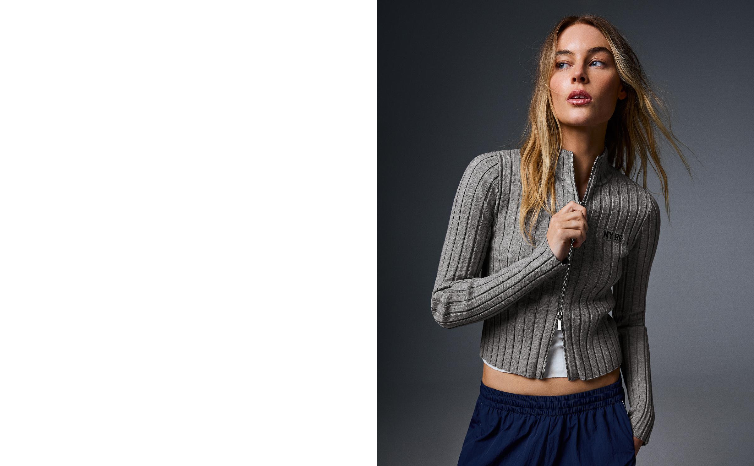 Ribbed zip-up cardigan — Grey