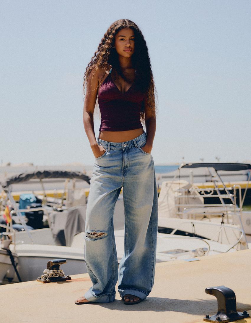 Distressed arkası tokalı balloon fit jean