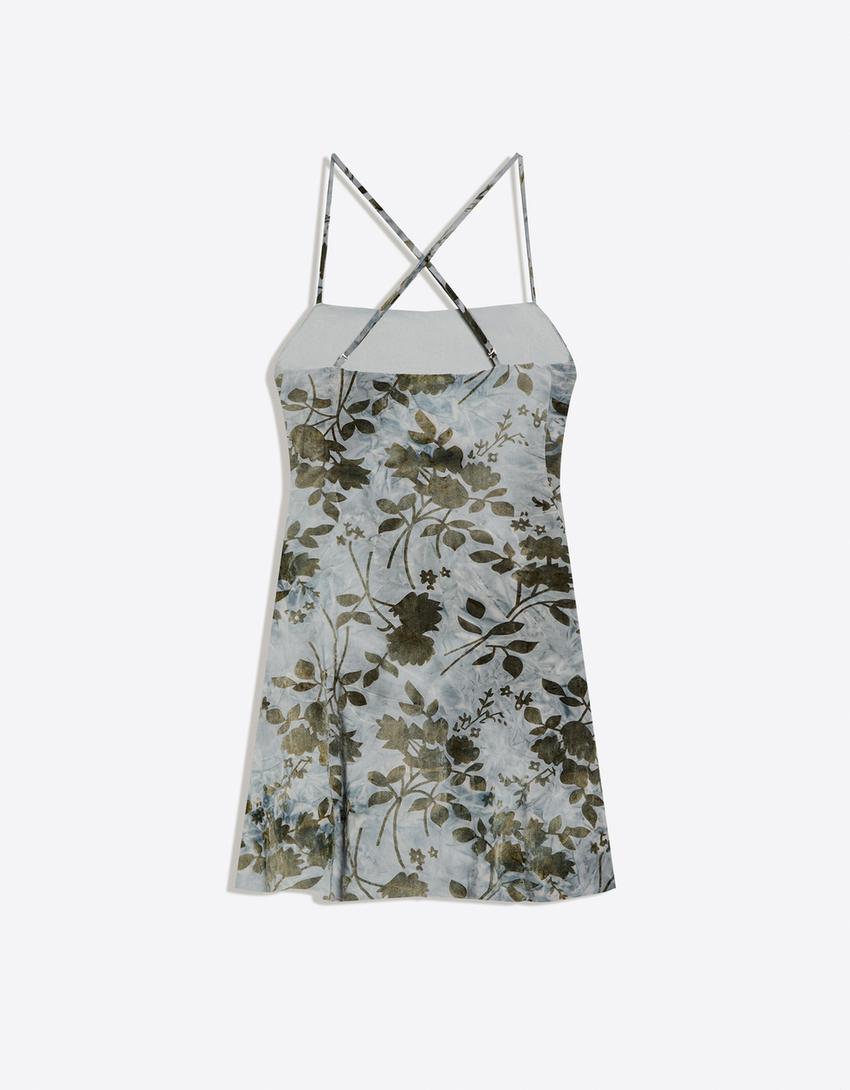 bershka green floral dress Bershka ruched frill hem detail mini dress in green floral print
