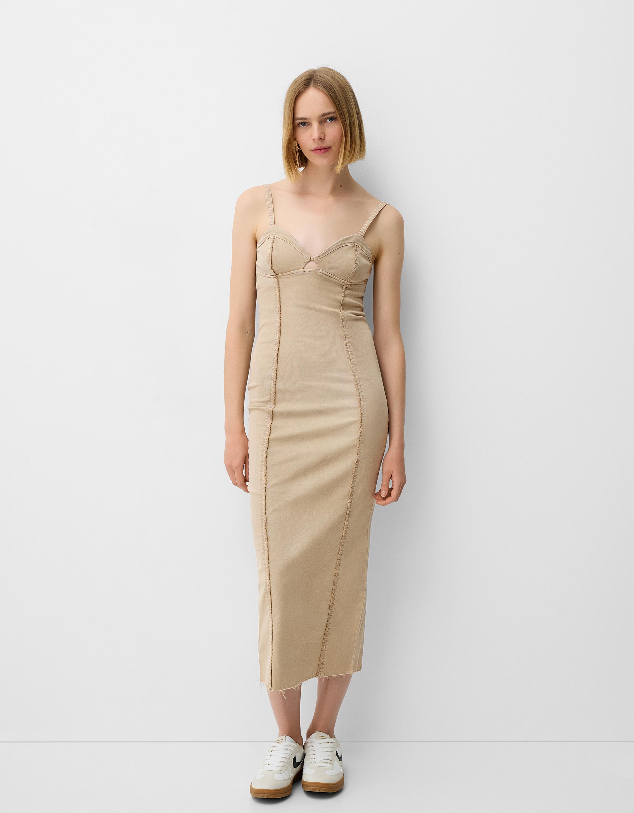 Strappy twill midi dress with seam details Dresses BSK Teen Bershka