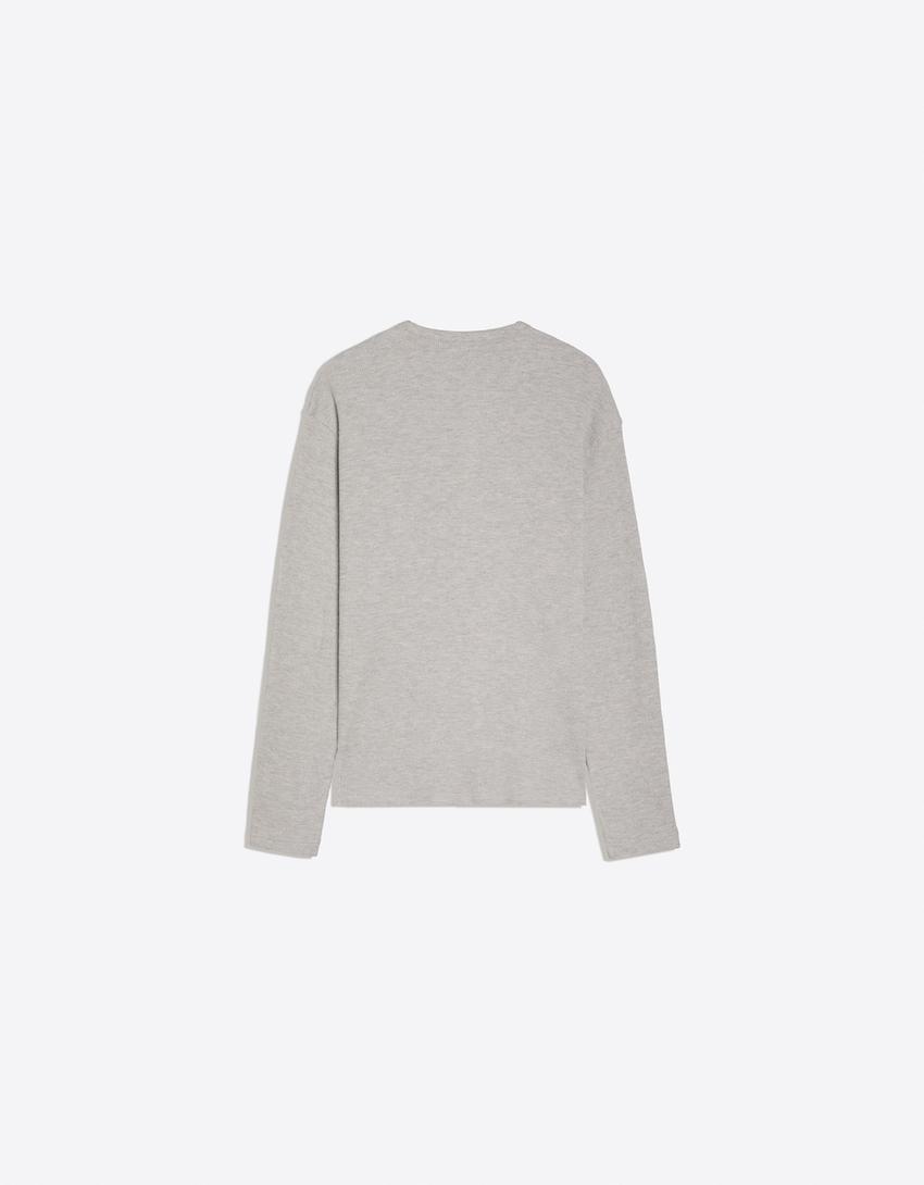 T-shirt slim à manches longues et col tunisien-Gris