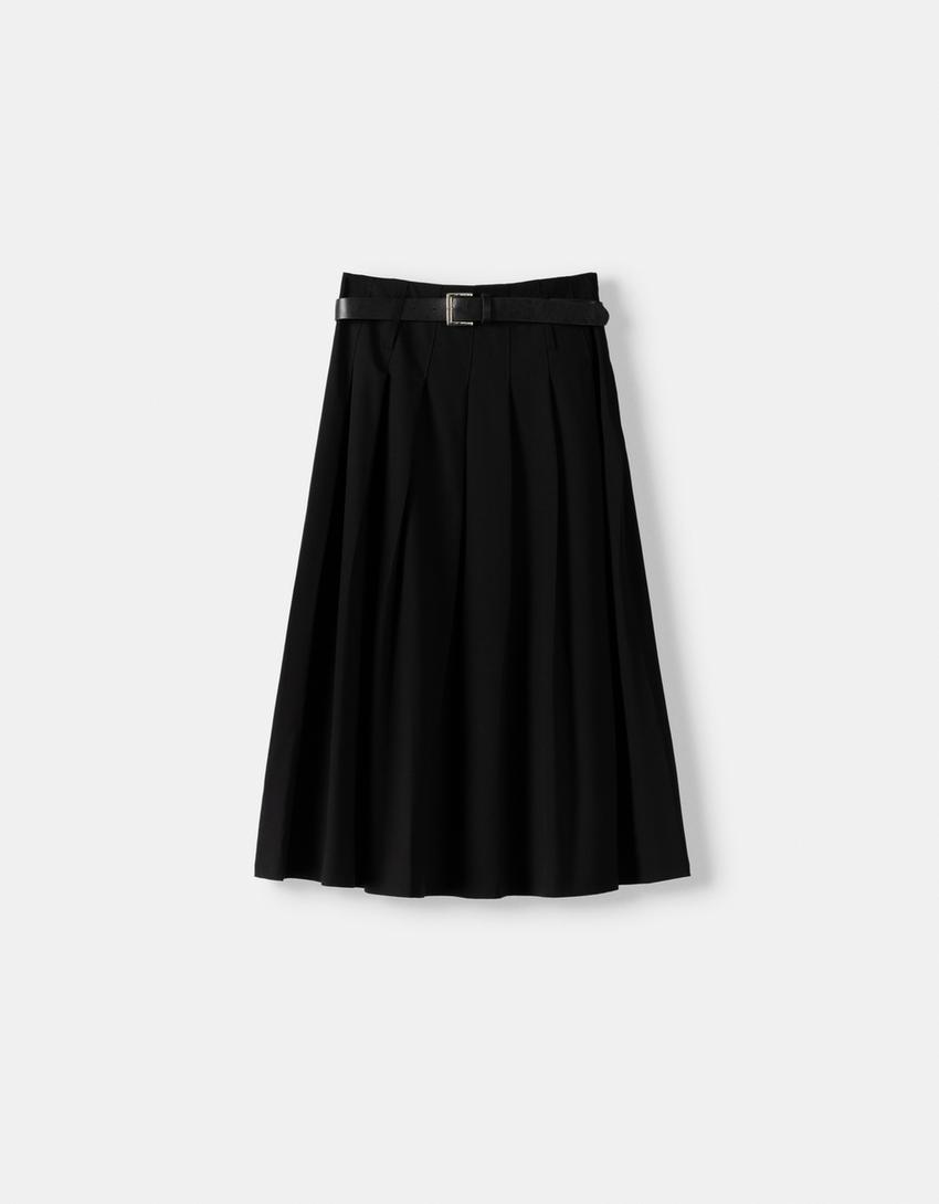 تنورة ميدي بكسرات وقصة محبوكة وحزام-أسود-4