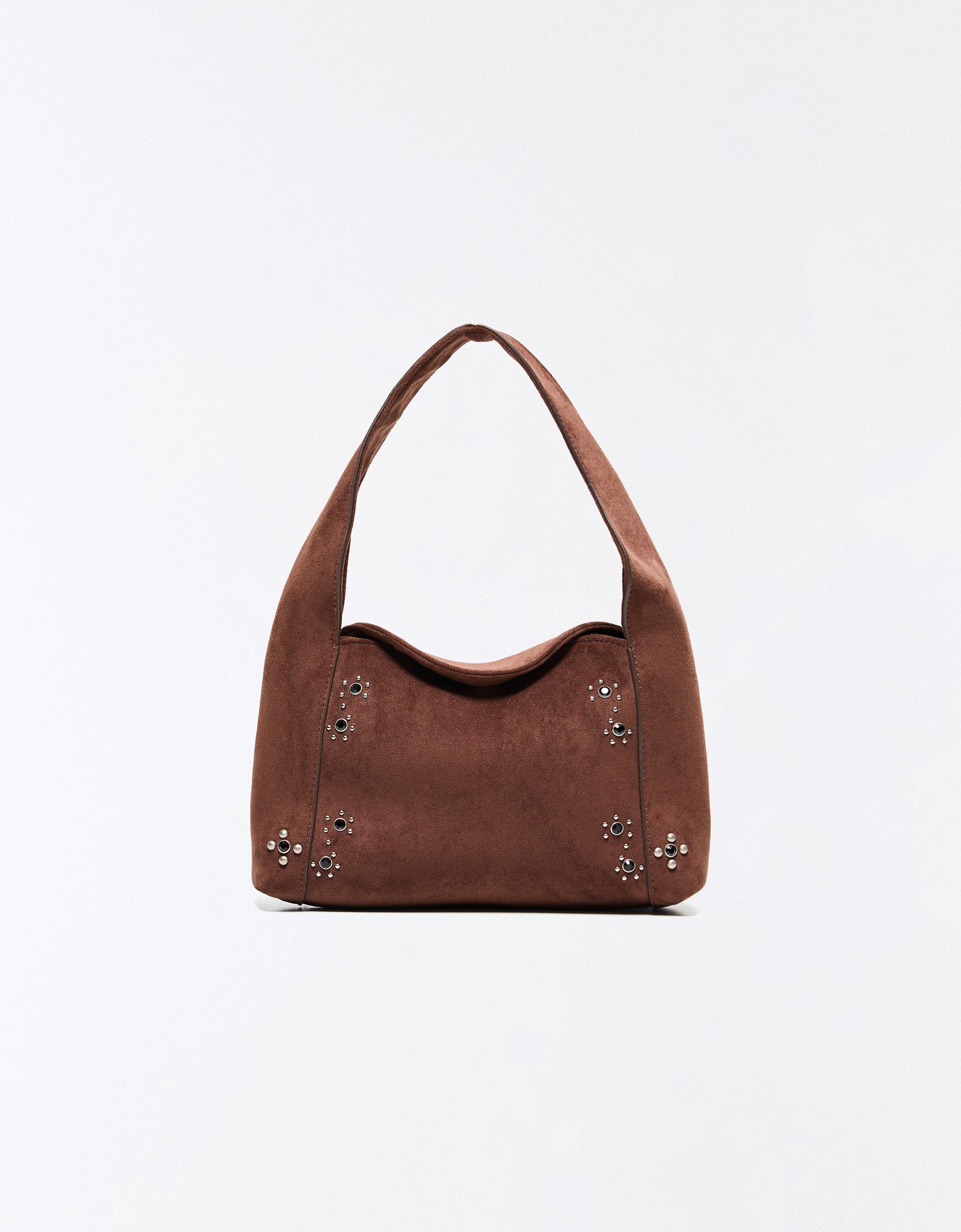 Faux suede bag with stones — Brown