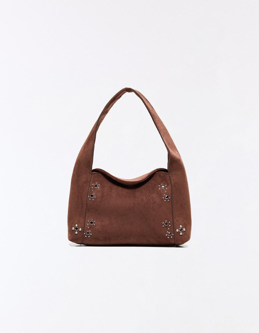 Faux suede bag with rhinestone detail-Brown