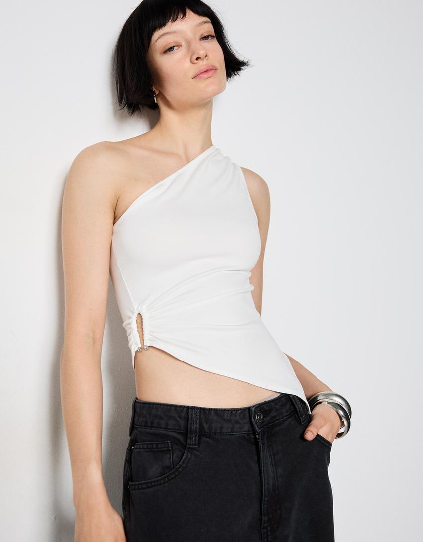 Asymmetric top with rhinestone ring-Cream