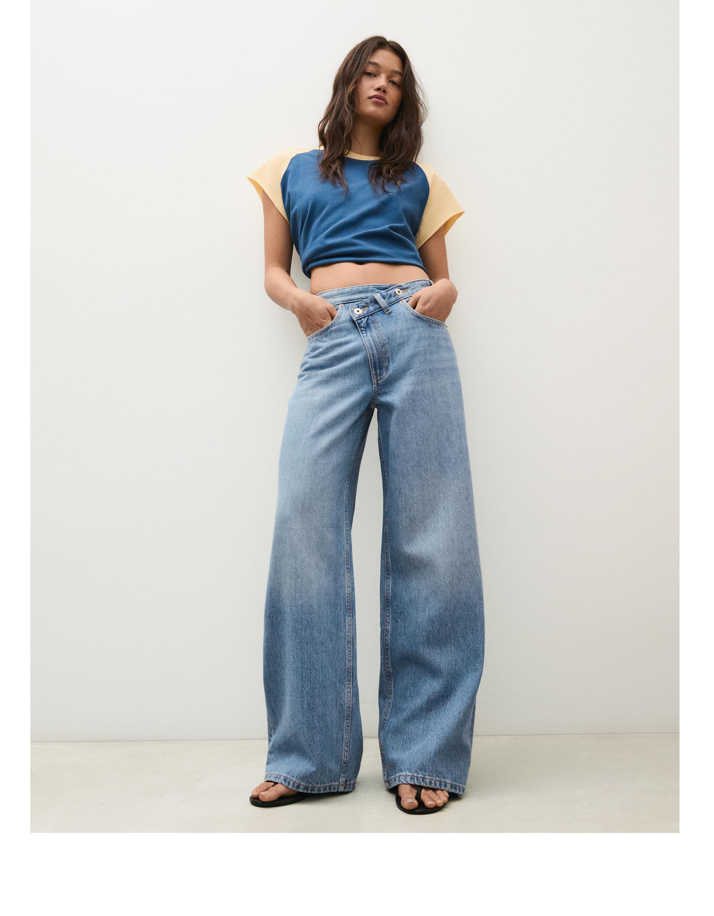 Wide-leg cross-waist jeans — Light blue