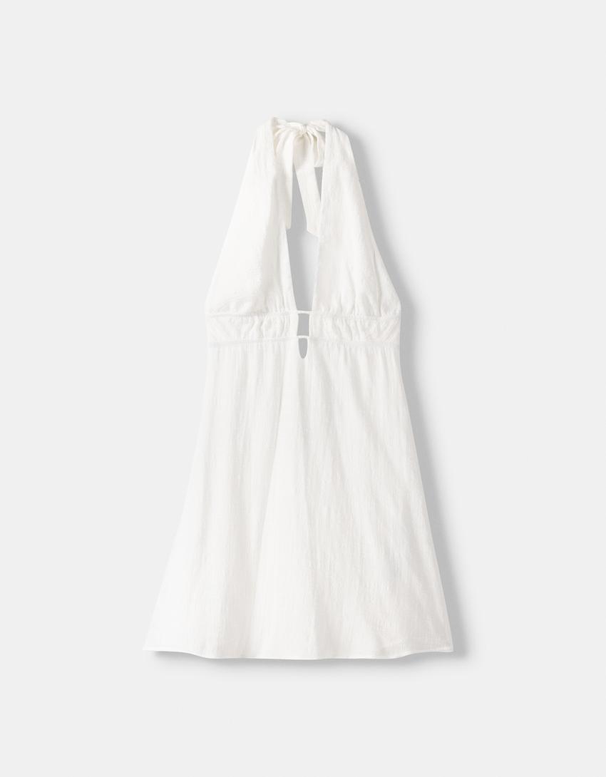 فستان قصير ريفي بياقة هالتر-أبيض-5