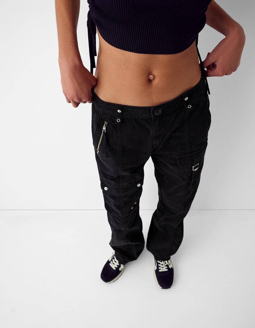 Памучен карго панталон с ниска талия и лента-Черно-3