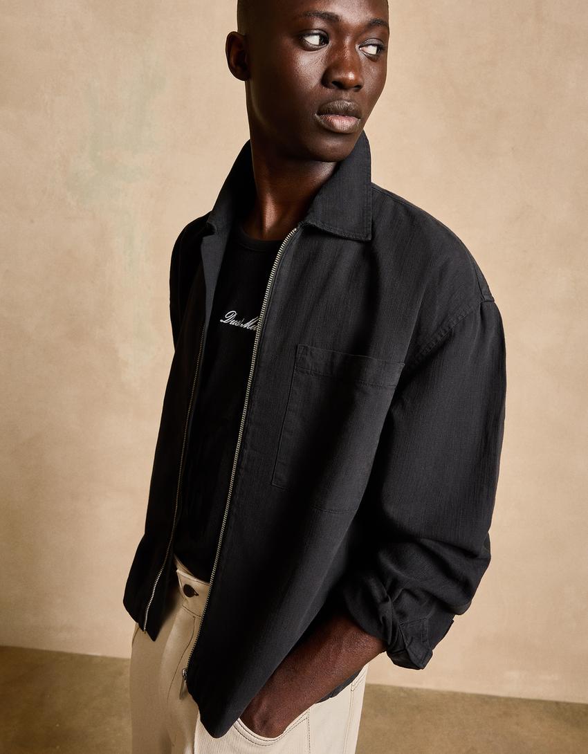 Zip-up overshirt with linen-Black