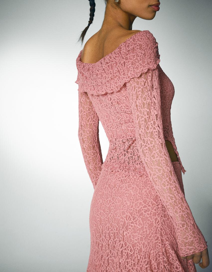 Long sleeve lace bandeau neckline T-shirt-Pink-2