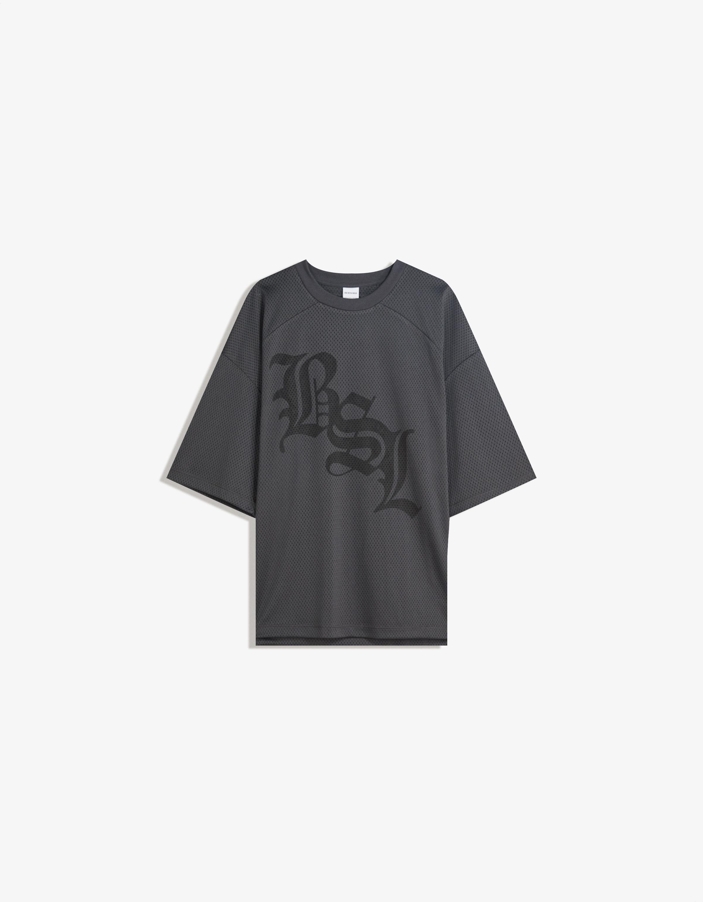 Bershka T-Shirt Mit Mesh Und Kurzen Ärmeln Herren L Grau