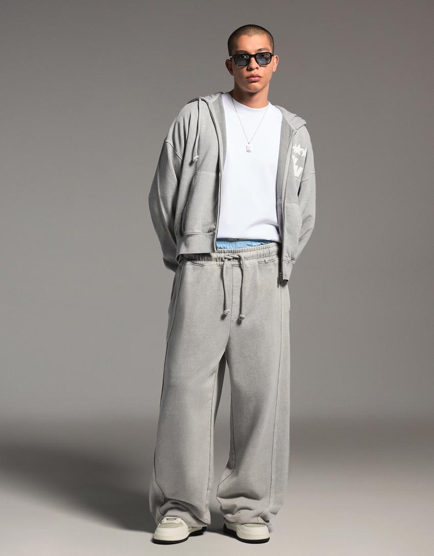 Boxy fit zip-up sweatshirt with print-Stone