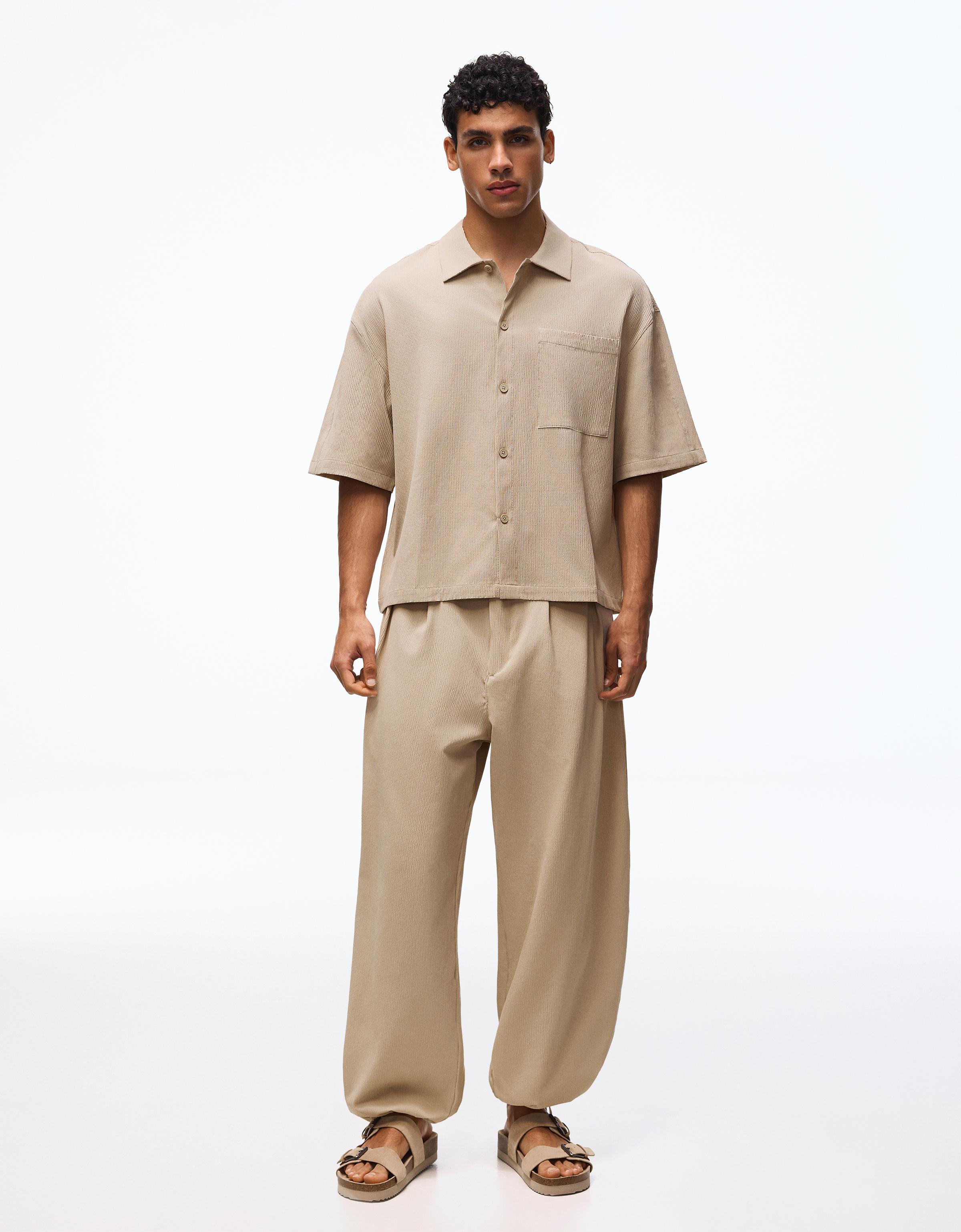 Pleated short sleeve boxy shirt — Sand