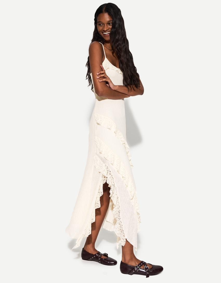 Ruffled maxi dress with blonde lace-Cream