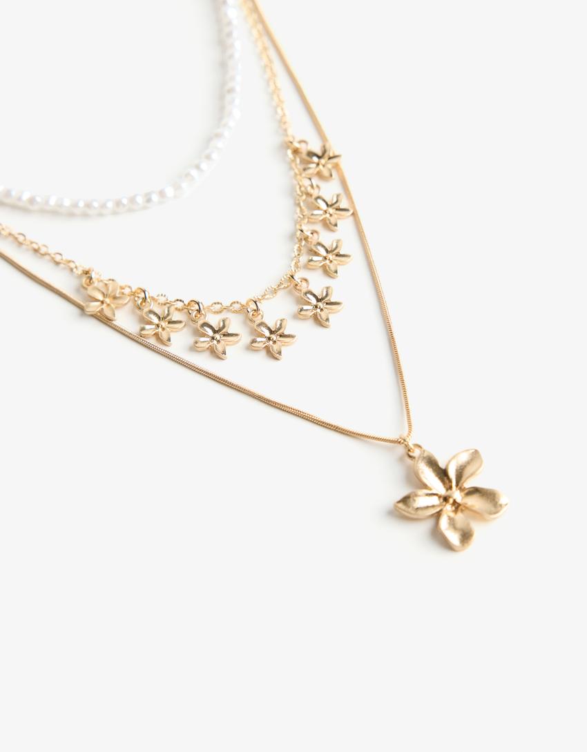Pack of 3 floral and faux pearl necklaces-Gold-1