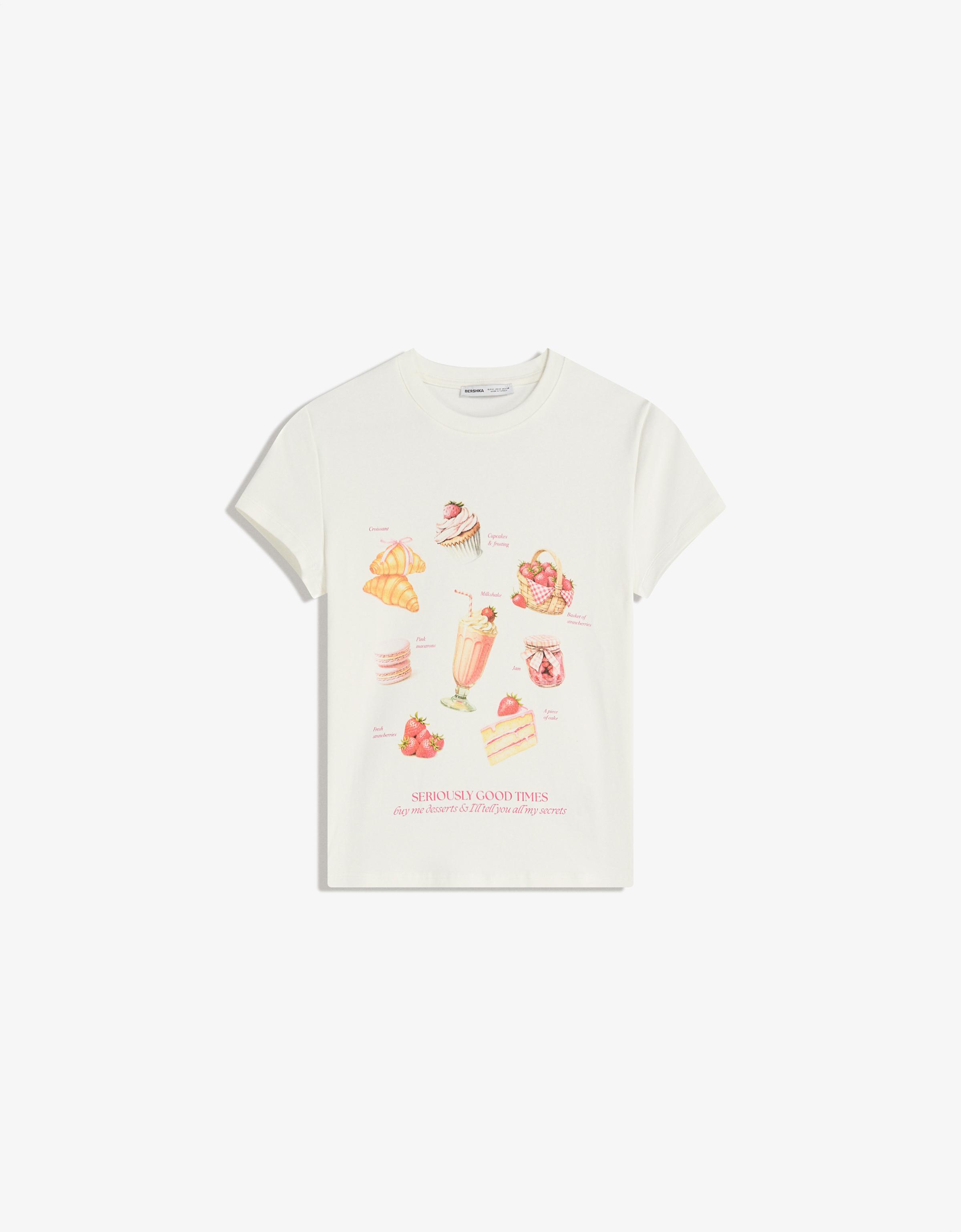 Bershka T-Shirt Mit Print Und Kurzen Ärmeln Damen S Rohweiß
