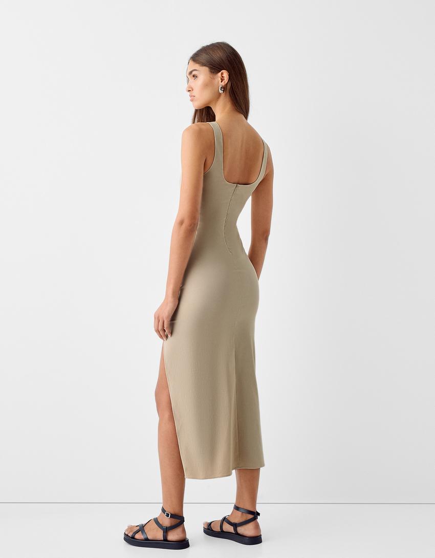 فستان بنغالي ضيق متوسط الطول بدون أكمام-رملي-2