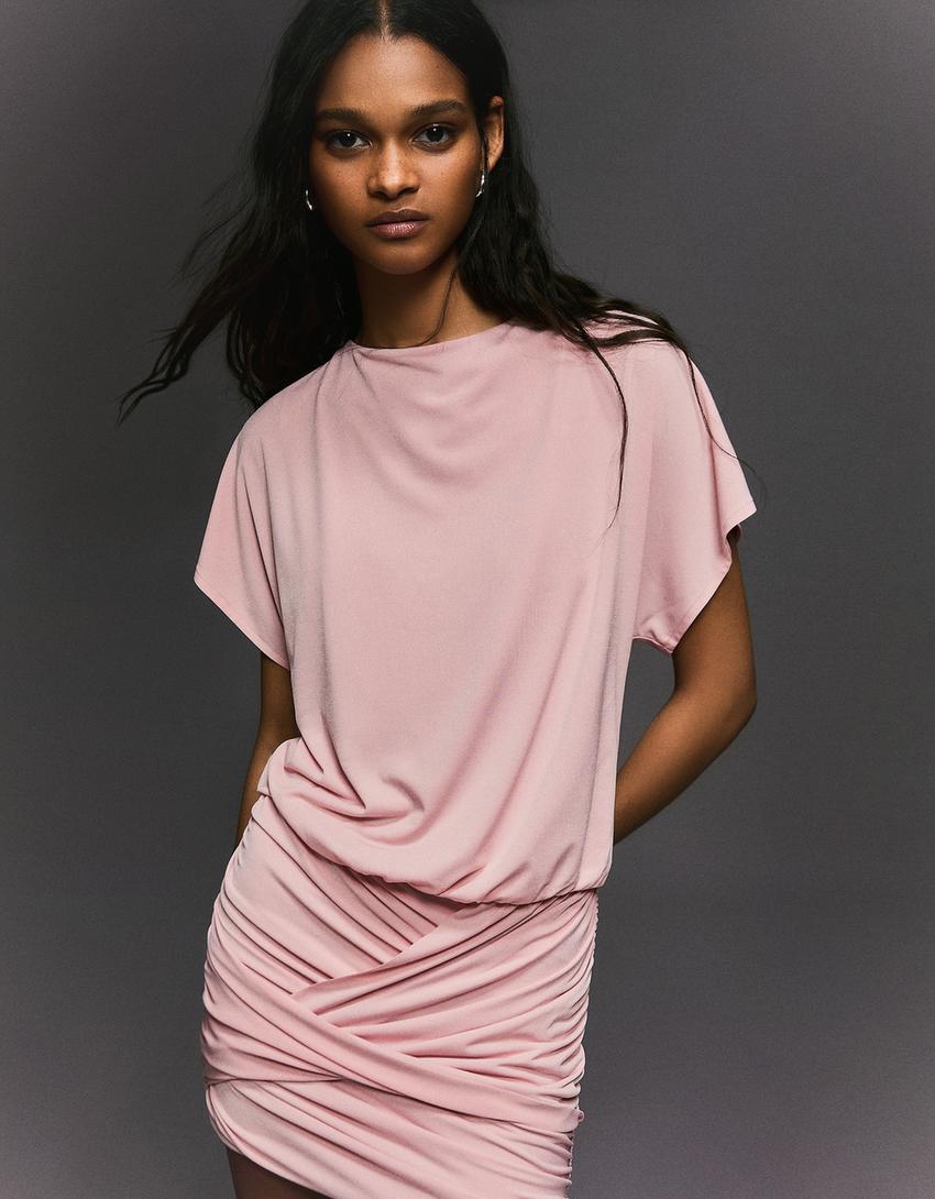 Vestido espalda abierta falda drapeada-Rosa