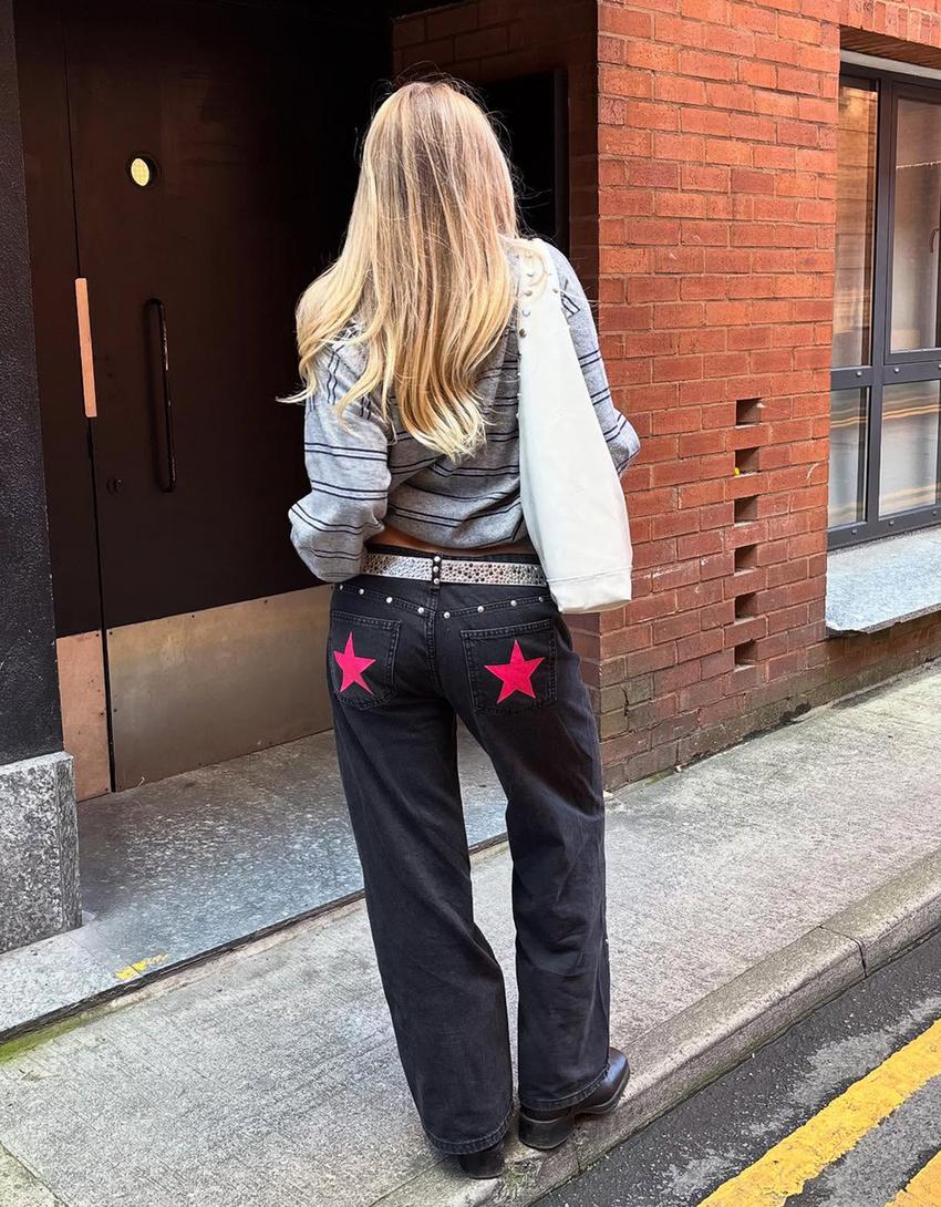 Jeans baggy fit à clous étoiles-Noir