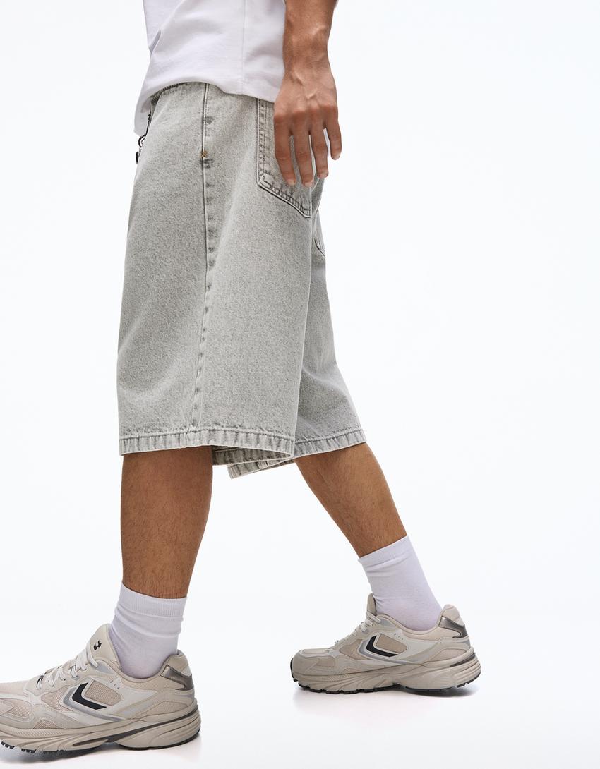 Baggy denim Bermuda shorts-Grey