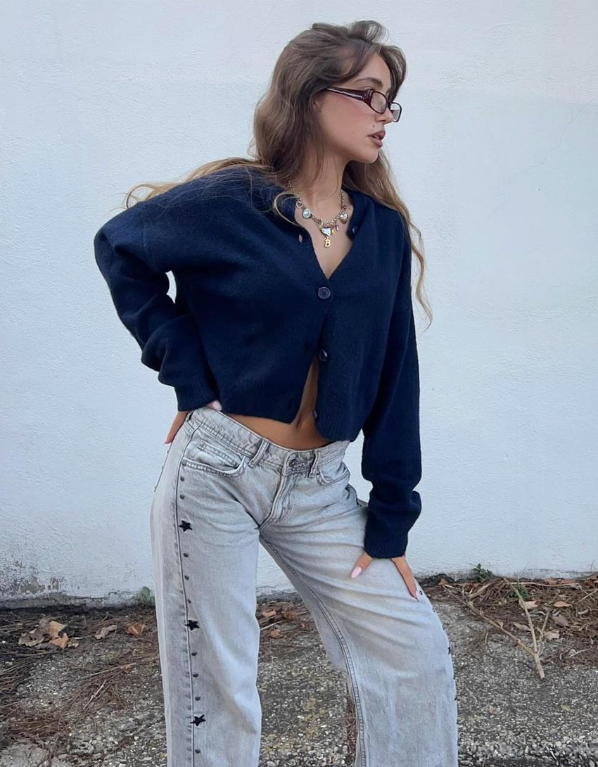 Cardigan com botões e gola em V-Azul