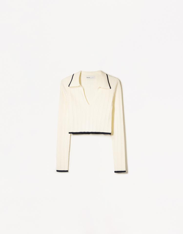 Cable-knit polo collar sweater