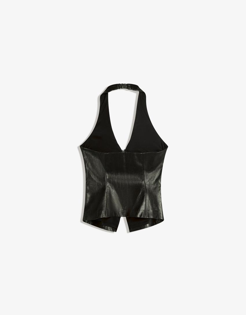 Leather effect halter top with zip-Black-4