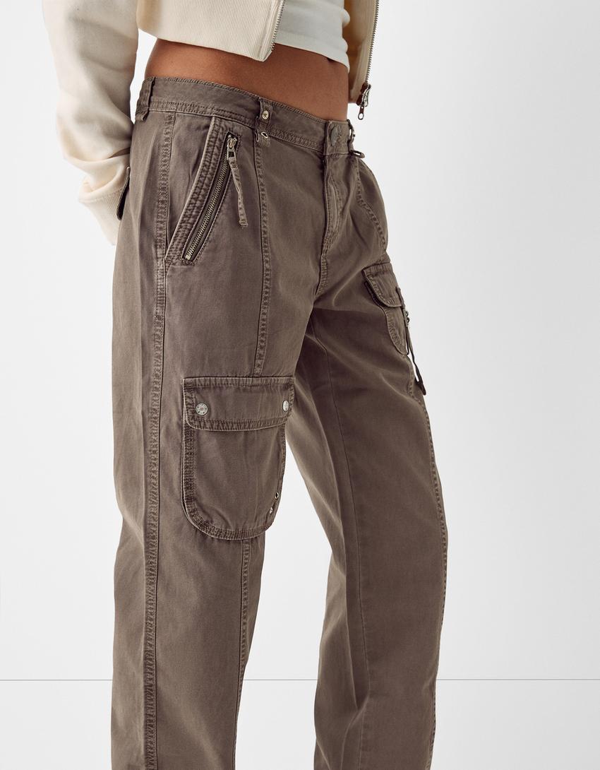 Kayış detaylı low waist pamuklu kargo pantolon-Kum rengi-5