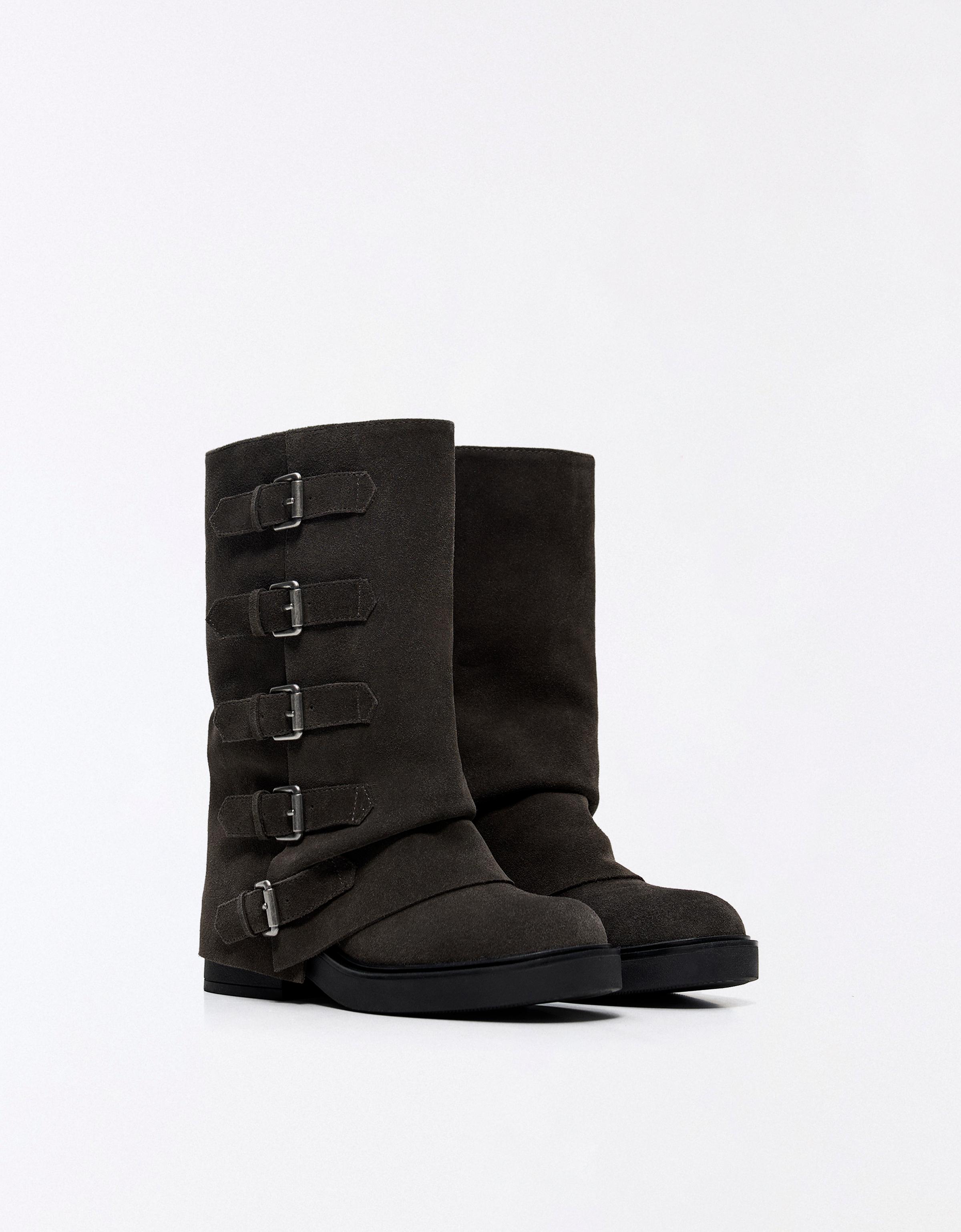 LEATHER TROUSER ANKLE BOOTS WITH BUCKLES — TAUPE