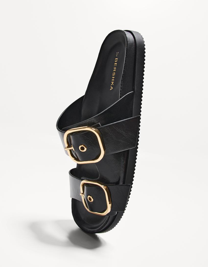Flat slider sandals with buckles-BLACK
