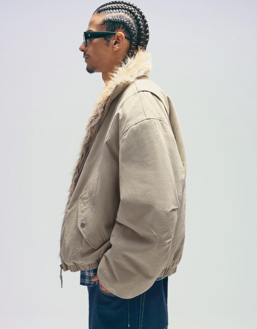 Faux fur lapel jacket-Cream