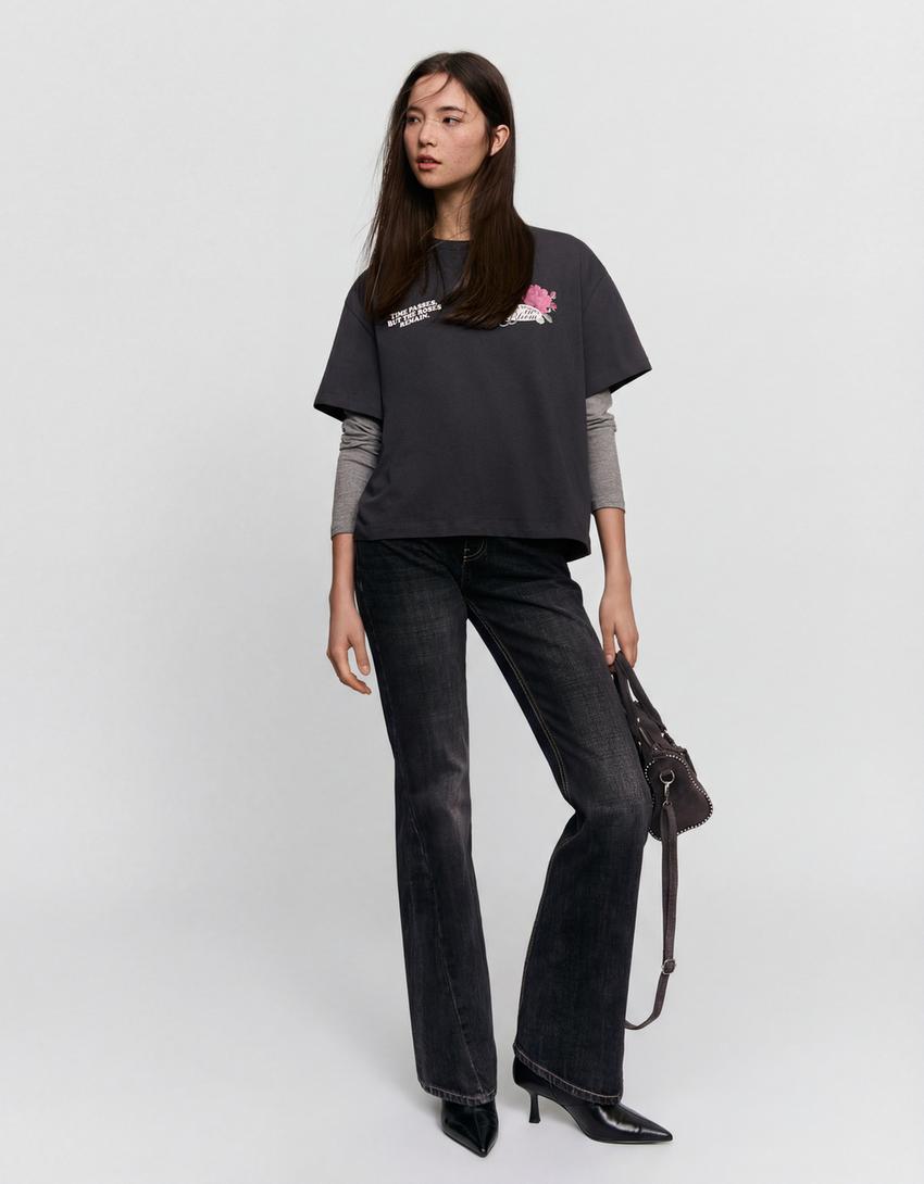 Oversize short sleeve print T-shirt-Dark grey