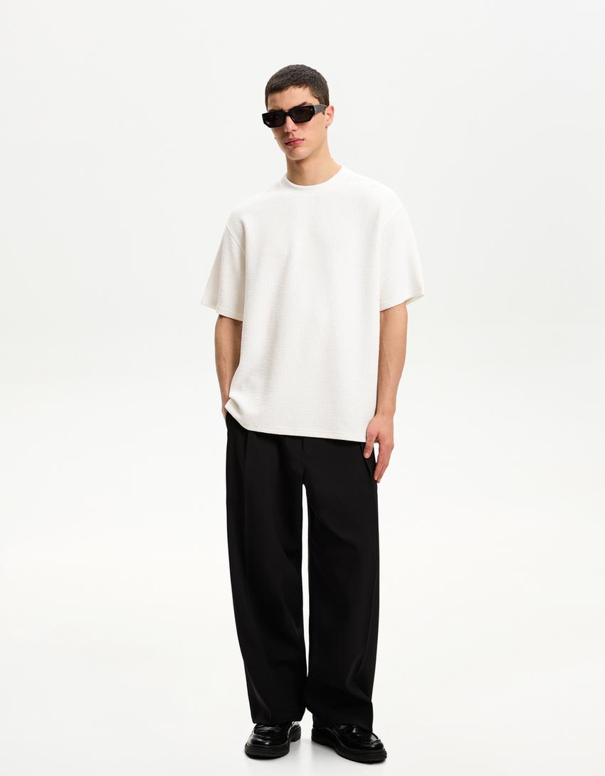 T-shirt manches courtes seersucker-Blanc cassé