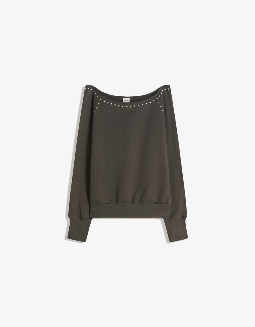 Asymmetrischer Sweatshirt mit Nieten-Khaki