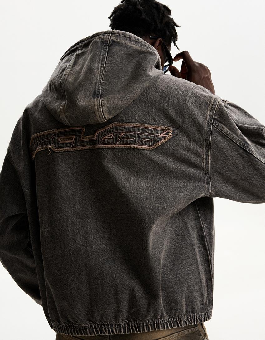 Hooded denim jacket with patches-Brown-1