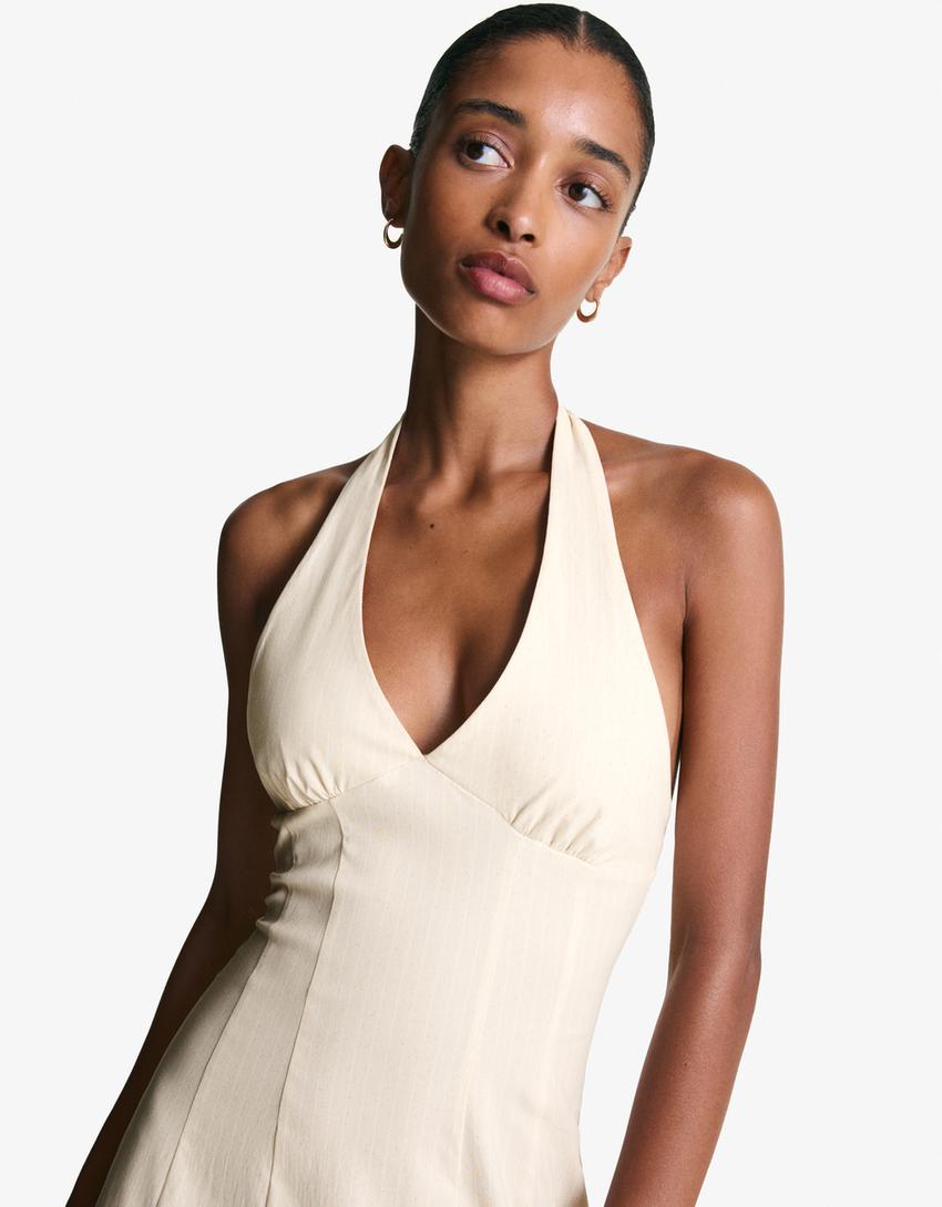 Robe midi encolure américaine bengalina-Beige-2