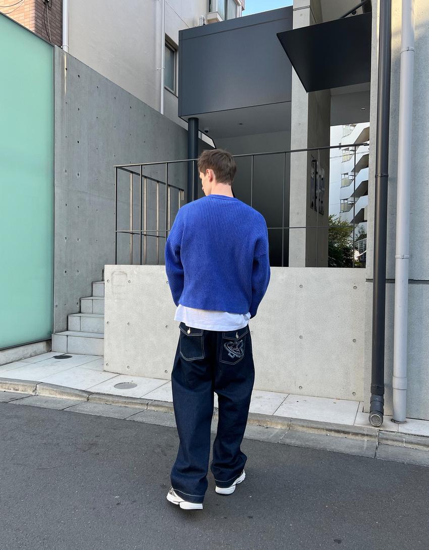 Pull col rond en chenille imprimé-Bleu