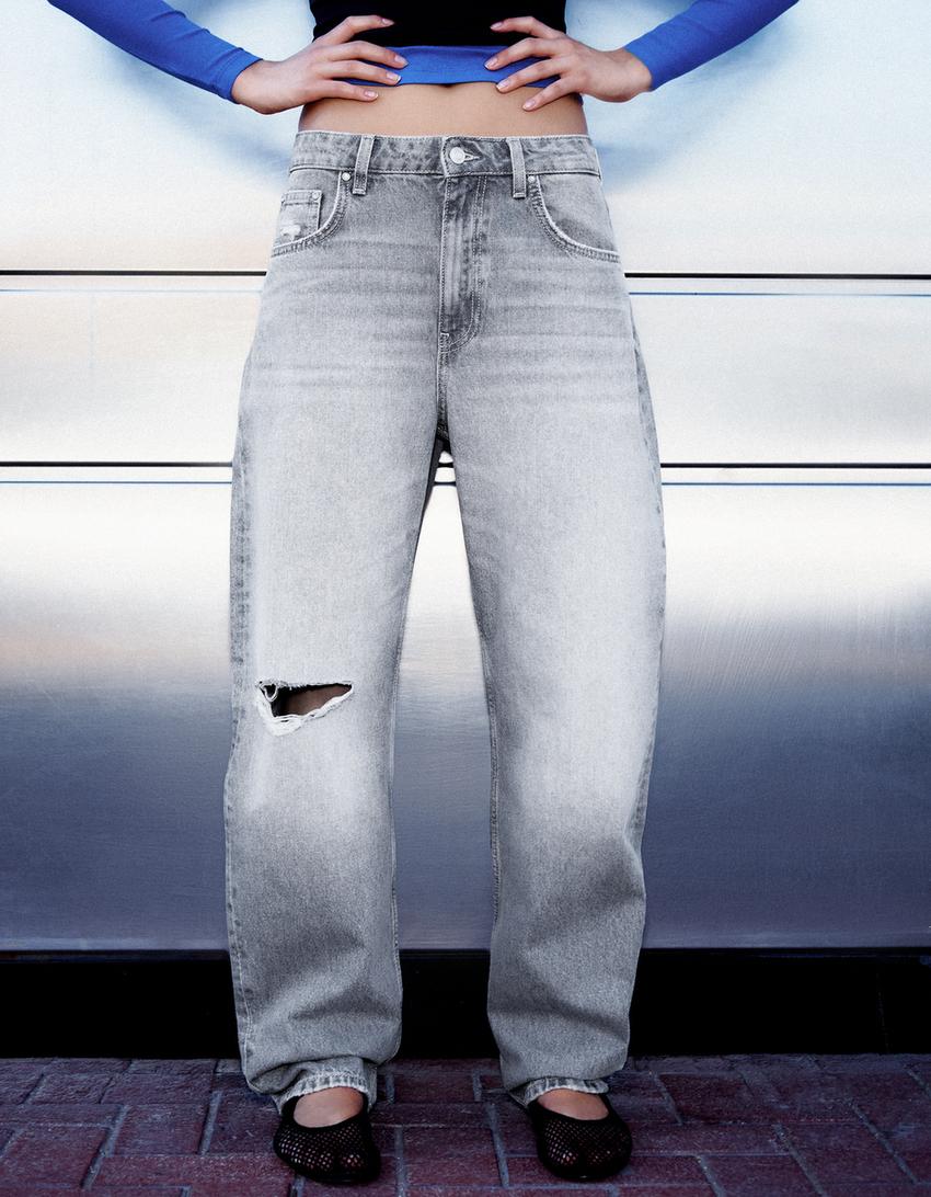 Jeans barrel loose fit strappati-Grigio