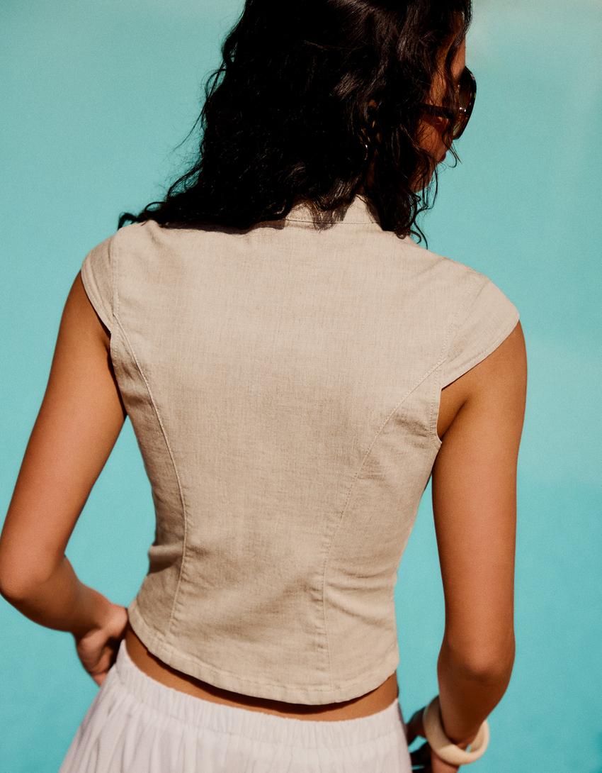 Double-breasted denim top-Camel