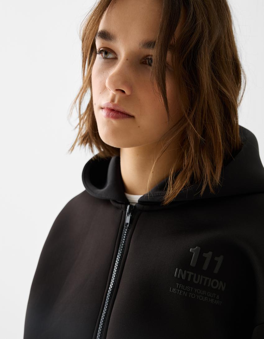 Sweat capuche fermeture Éclair inscription-Noir-7
