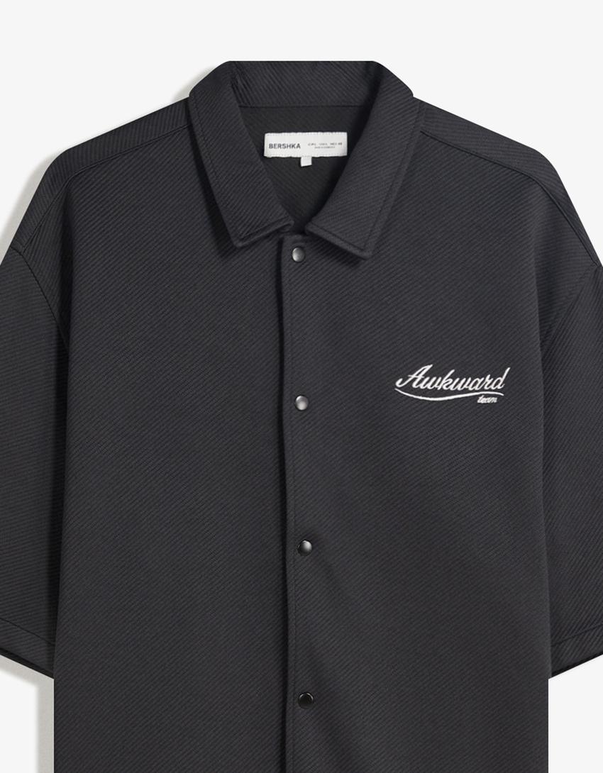 Camicia a maniche corte ricamata-Nero-2