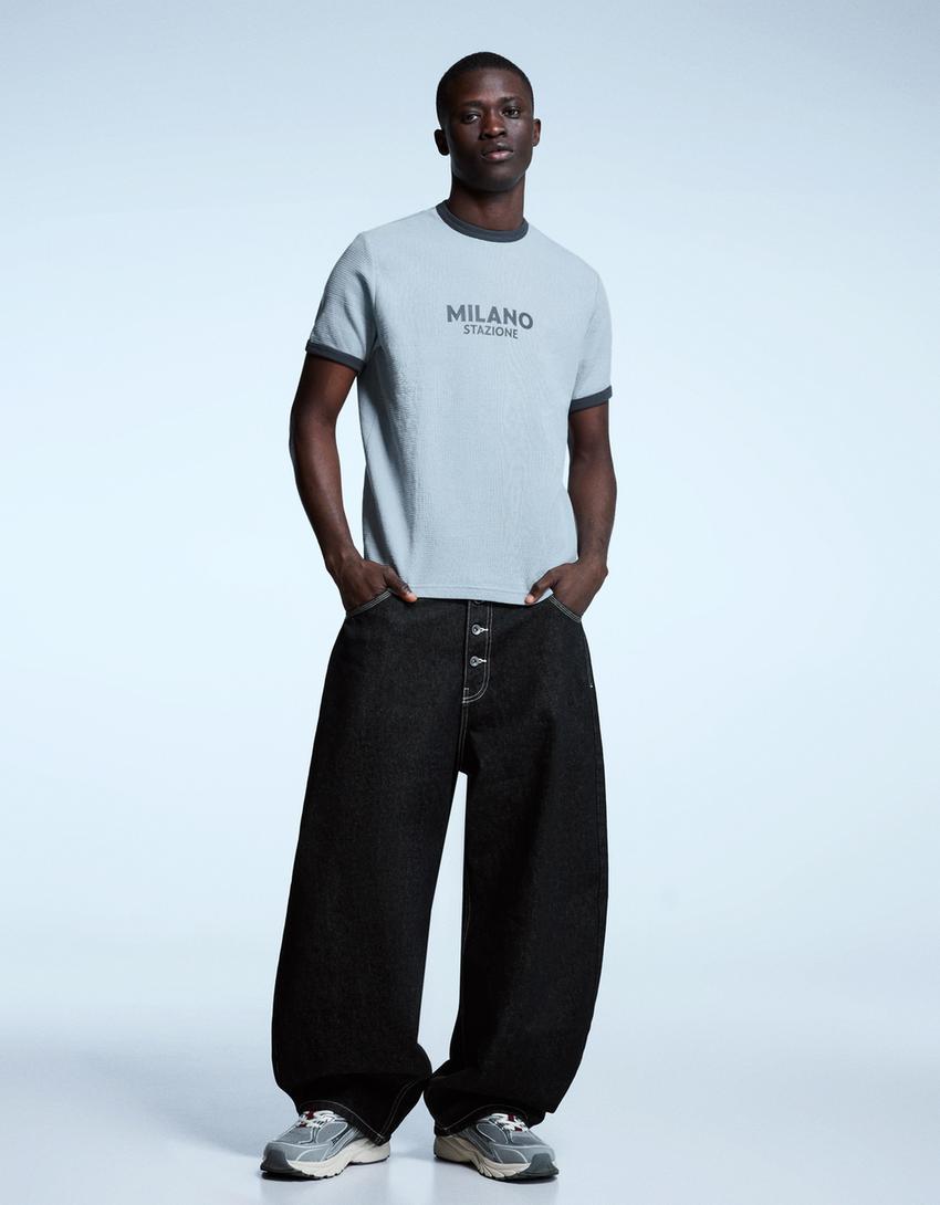 Printed waffle-knit ribbed short sleeve T-shirt-Light blue