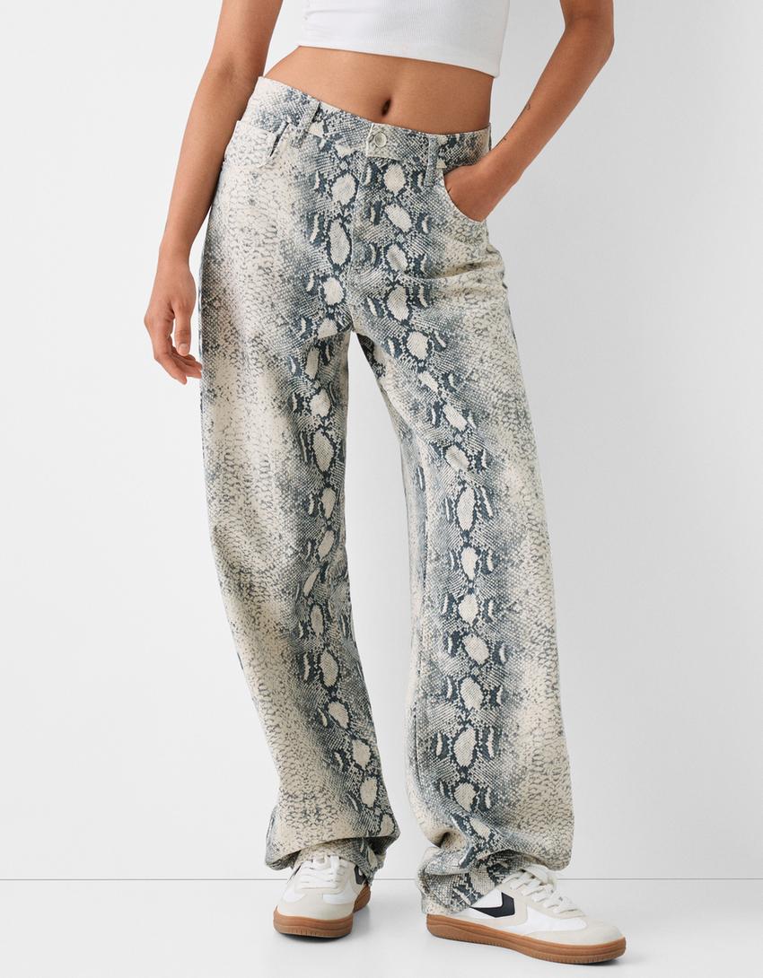 بنطال جينز بقصّة بالون وطبعة حيوانية-رمادي-1