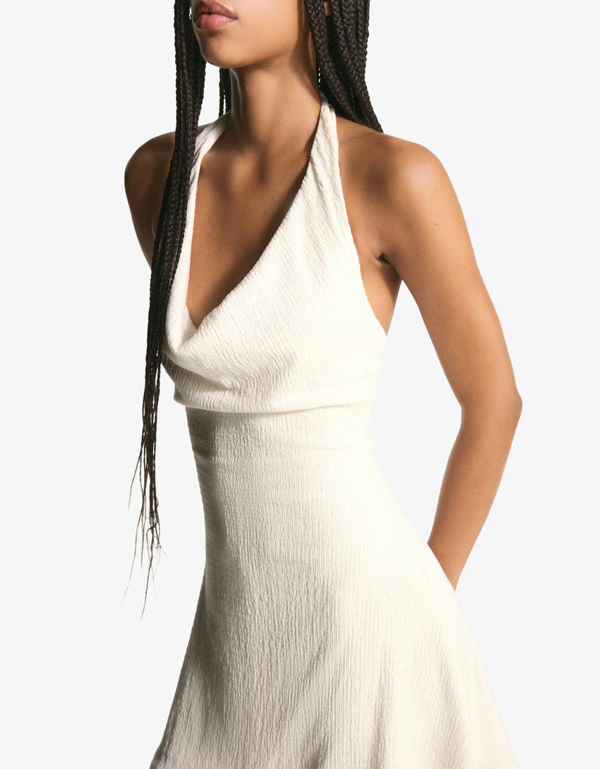 Vestido mini rústico drapeado-Crudo