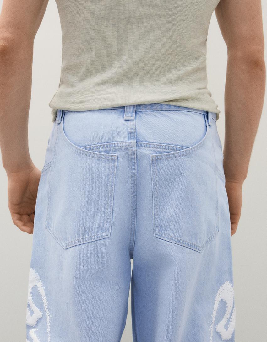 Jeans super baggy fit stampa laterale-Azzurro Chiaro