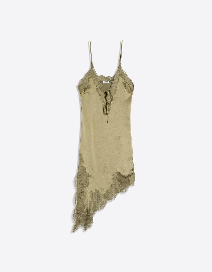 Vestido mini satén asimétrico-Kaki