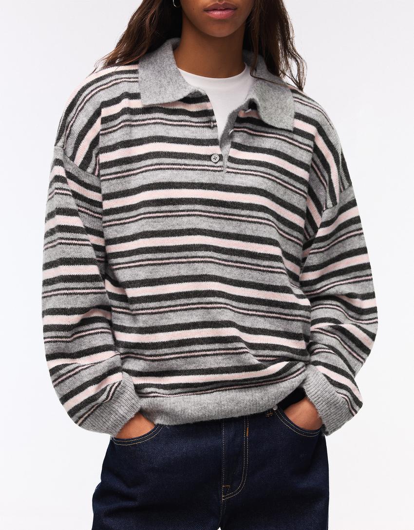 Desenli polo yaka kazak-Gri