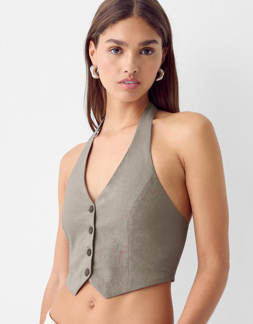 Gilet sans manches lin encolure américaine-Kaki-2